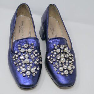 PONS QUINTANA Mod Purple Leather Pearls Rhinestones Heeled Loafer Shoes Spain 37